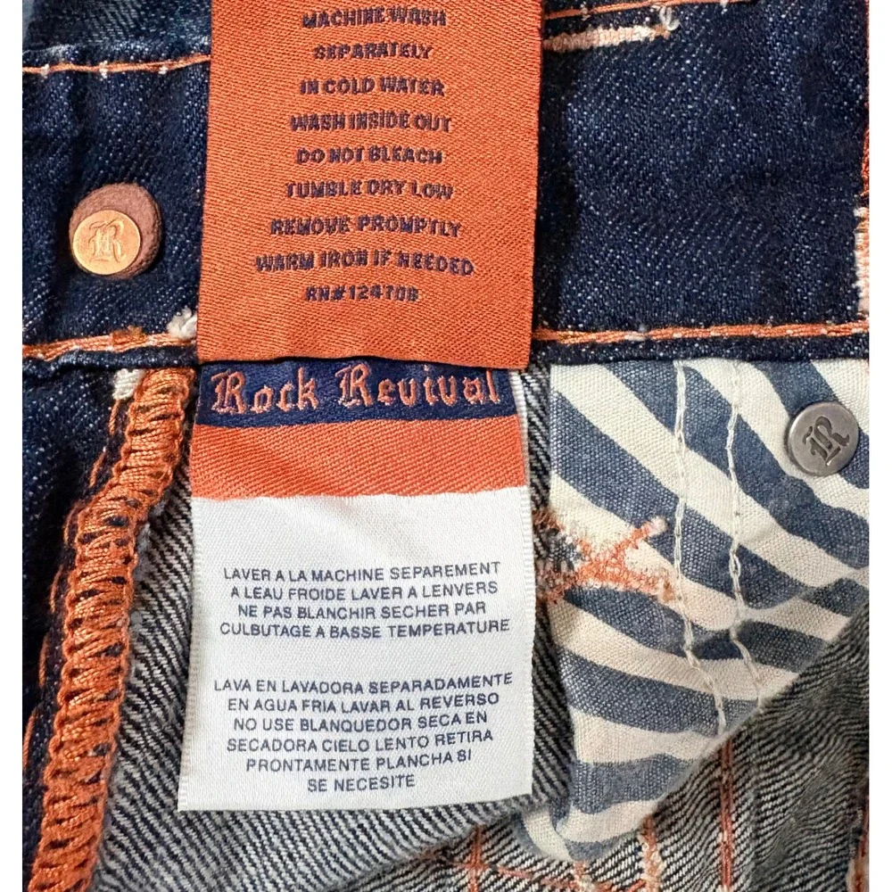 Rock Revival Men Drk Wash Bootcut Jeans Fleur de Lis Thick Stitch Blue 29x32 Y2K